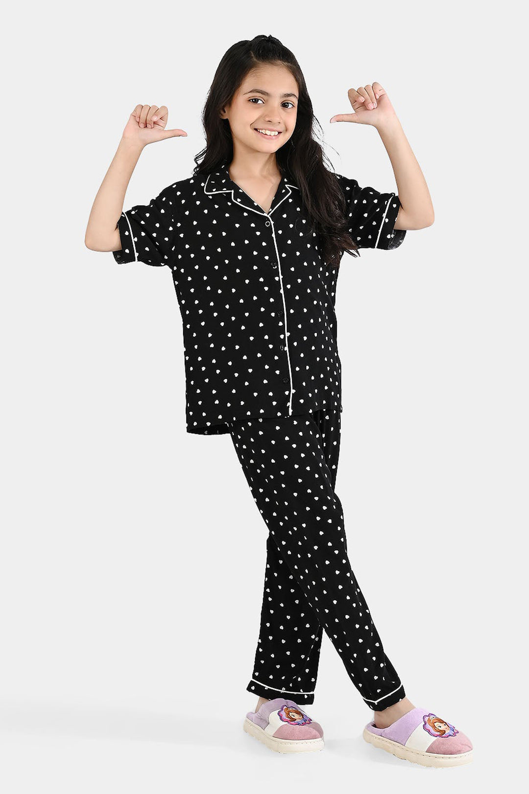 Girls Viscose Night Suit (Heart) - Black