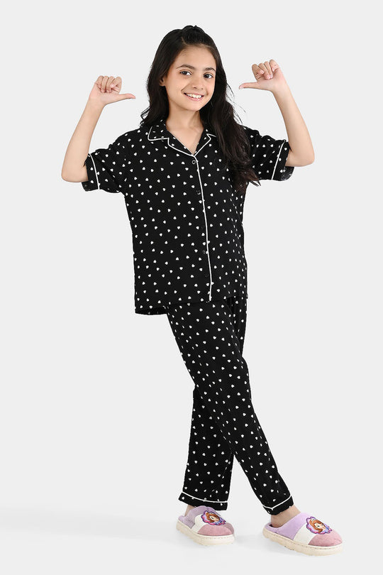 Girls Viscose Night Suit (Heart) - Black