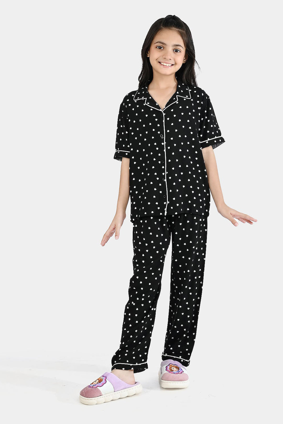 Girls Viscose Night Suit (Heart) - Black