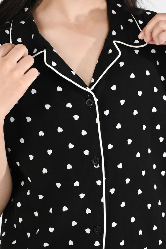 Girls Viscose Night Suit (Heart) - Black