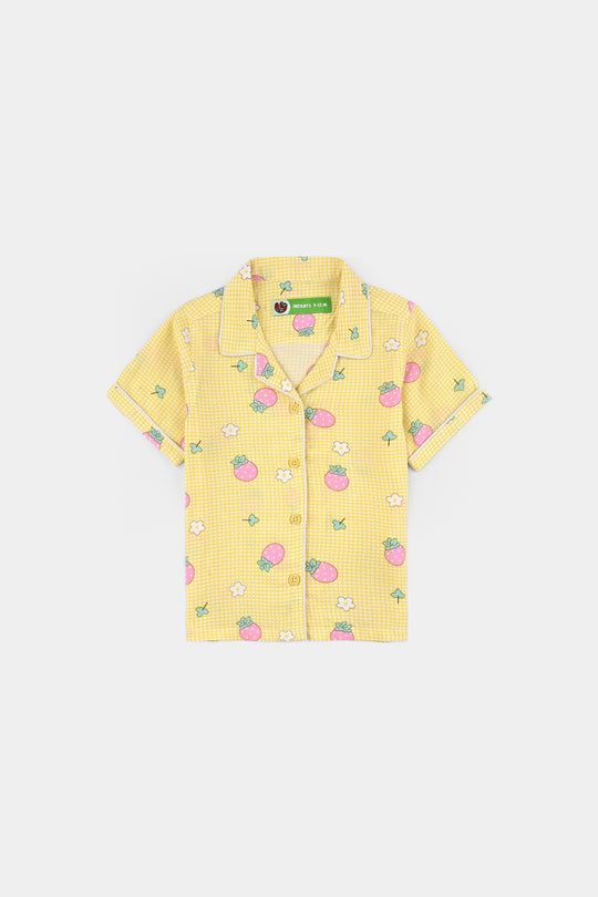 Infant Girls Viscose Night Suit - Strawberry - Yellow