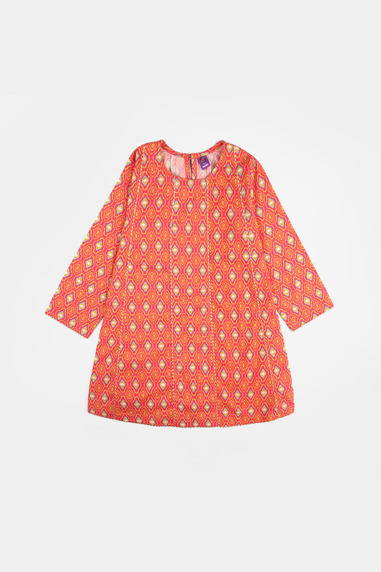 Girls Cotton Printed 3Pcs Pink Koti-Multi