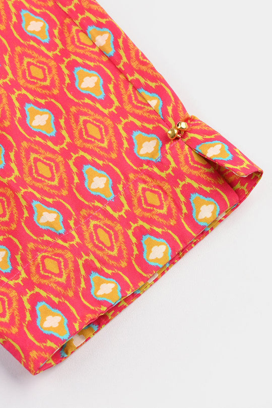 Girls Cotton Printed 3Pcs Pink Koti-Multi