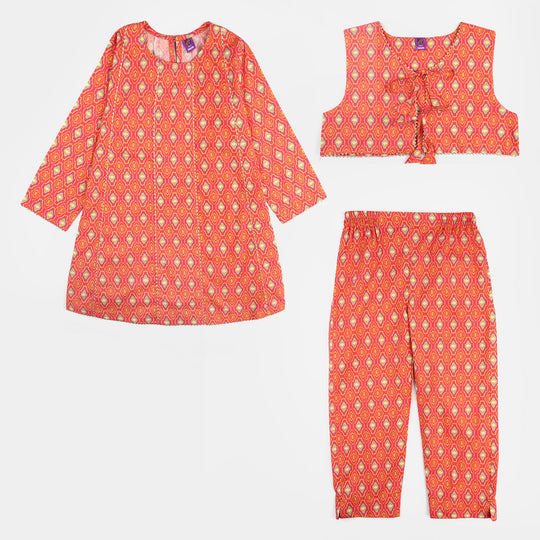 Teens Girls Cotton Printed 3Pcs Pink Koti-Multi