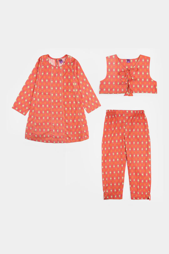 Girls Cotton Printed 3Pcs Pink Koti-Multi