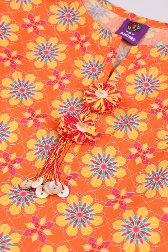 Girls Cotton Printed 2Pcs Orchid-ORANGE