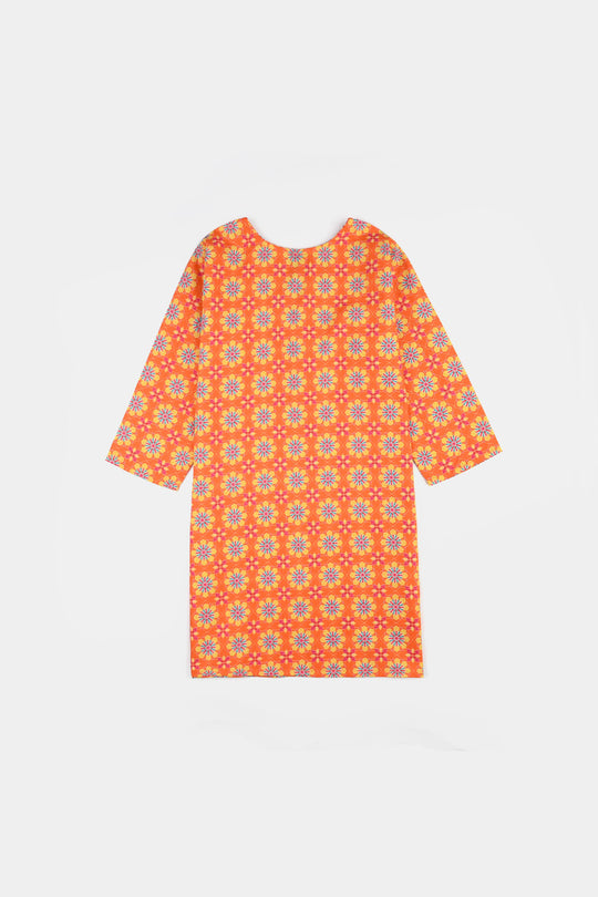 Girls Cotton Printed 2Pcs Orchid-ORANGE