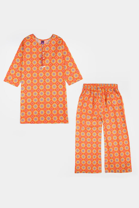 Girls Cotton Printed 2Pcs Orchid-ORANGE