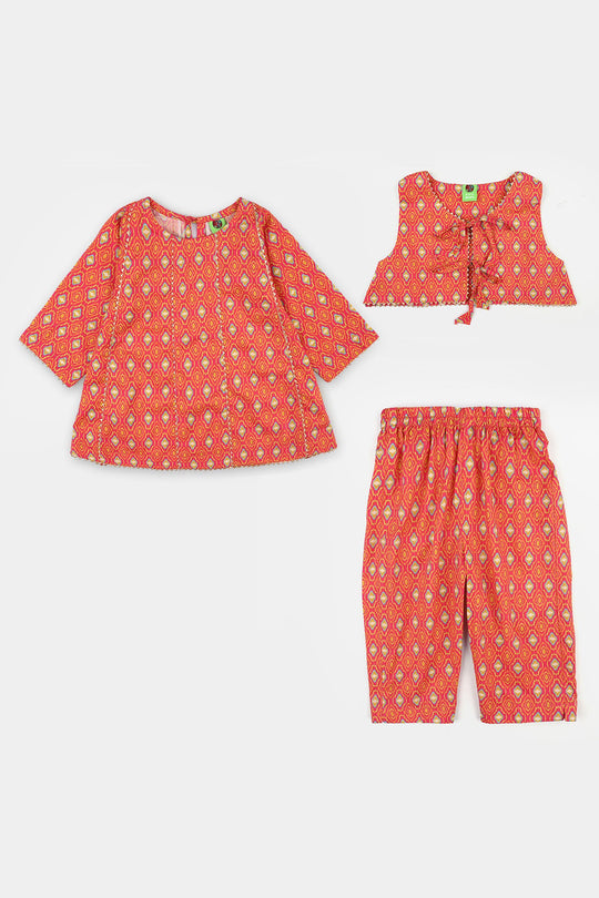 Infant Girls Cotton Printed 3Pcs Pink Koti - Multi