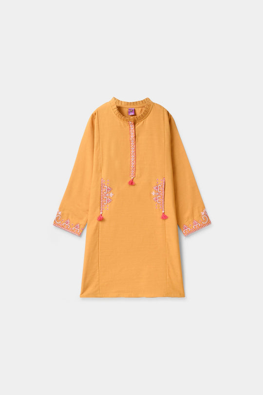 Girls Slub Jersey Embroidered Kurti - Mustard