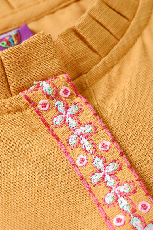 Girls Slub Jersey Embroidered Kurti - Mustard