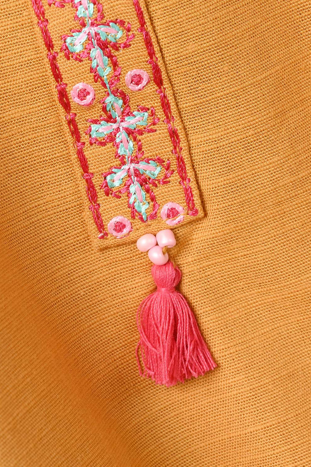 Girls Slub Jersey Embroidered Kurti - Mustard