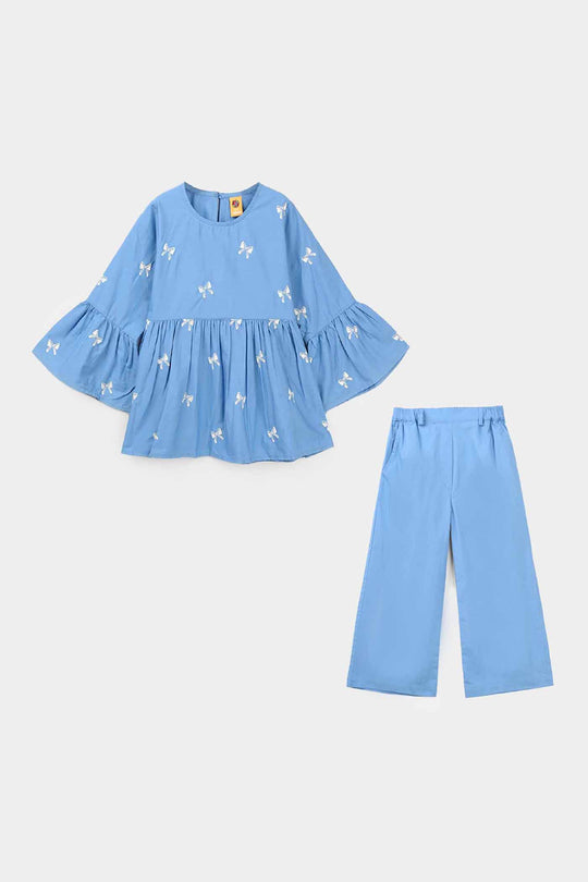 Girls Cotton Embroidered CO-Ord Set - Blue