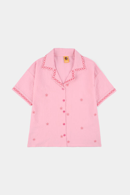 Girls Cotton Embroidered Top (Candy) - Pink