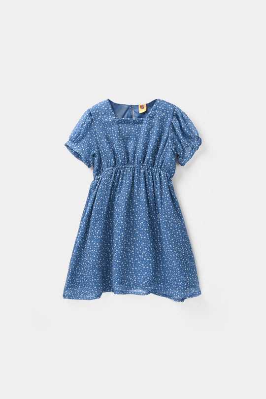 Girls Chiffon Casual Floral Frock - Blue