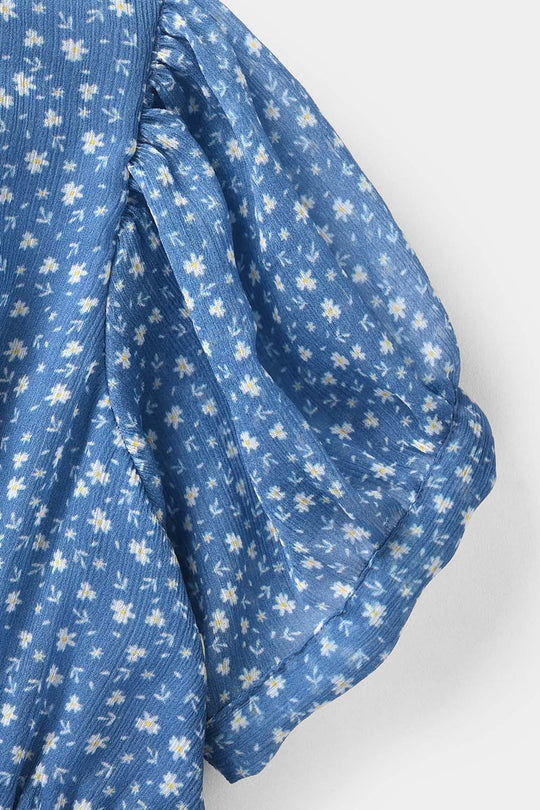 Girls Chiffon Casual Floral Frock - Blue