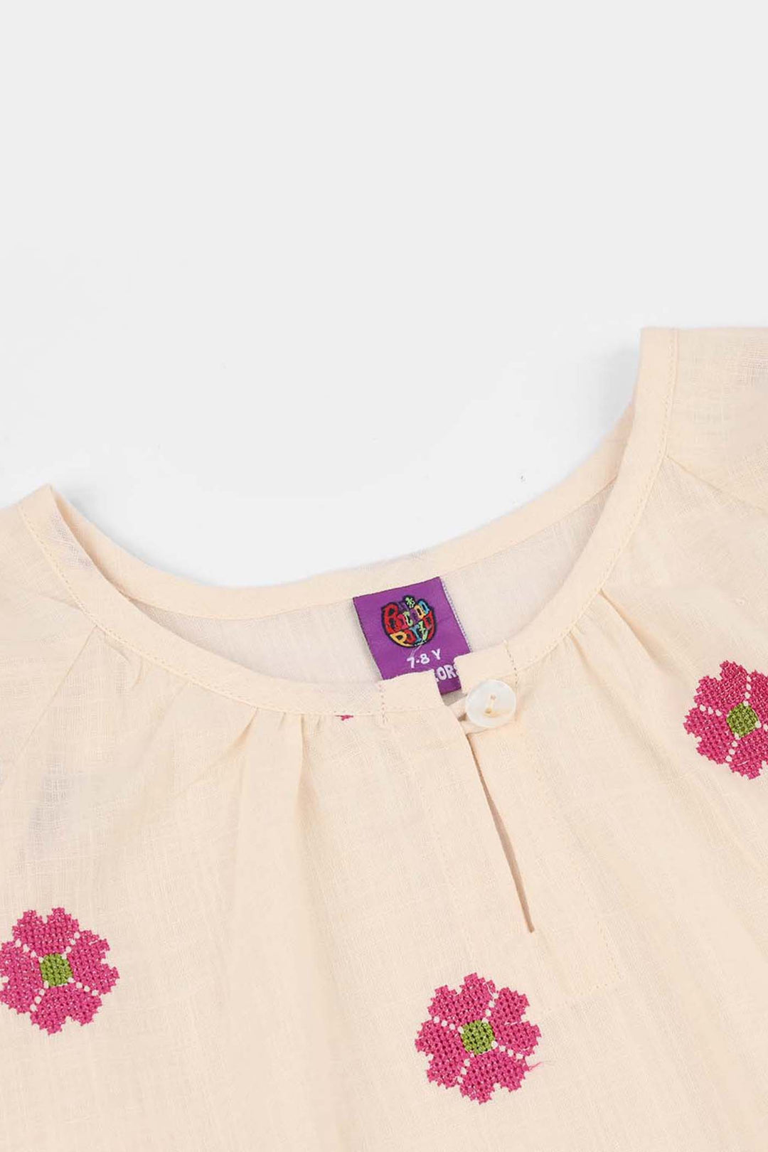 Girls Cotton Slub Embroidered Top (Criss Cross) - Ivory
