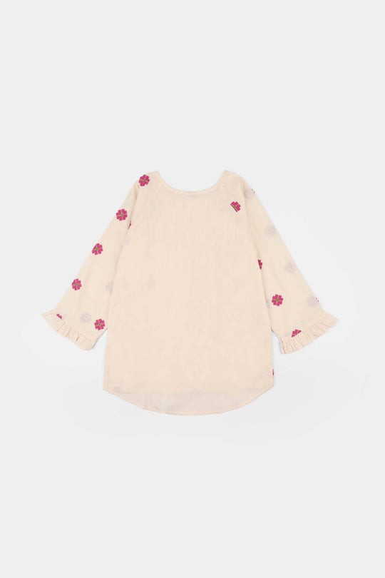 Girls Cotton Slub Embroidered Top (Criss Cross) - Ivory