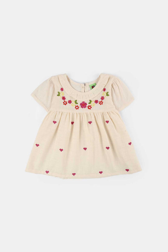 Infant Girls Cotton Slub Embroidered Top (Pink Flowers) - Beige