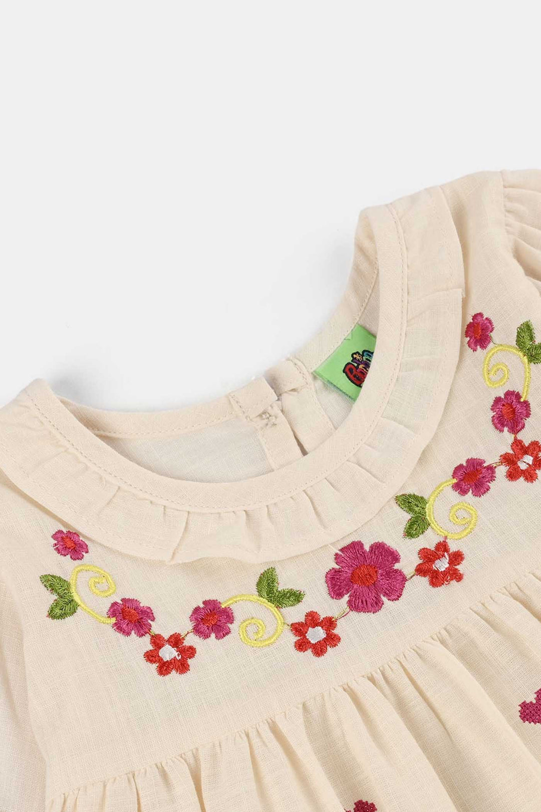 Infant Girls Cotton Slub Embroidered Top (Pink Flowers) - Beige