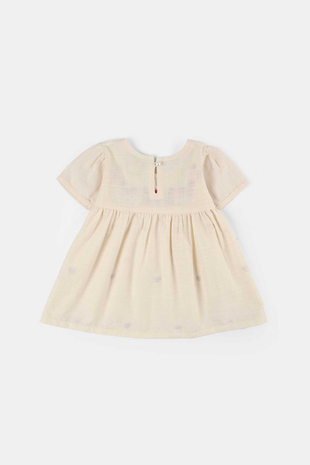 Infant Girls Cotton Slub Embroidered Top (Pink Flowers) - Beige