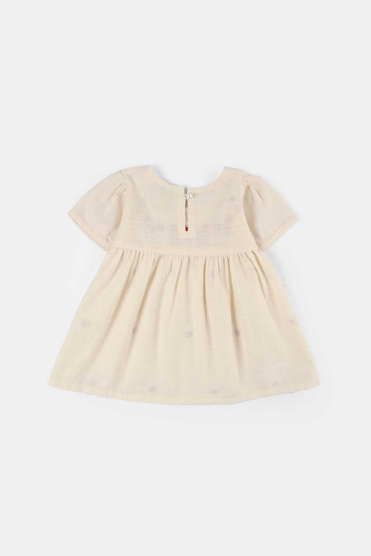 Infant Girls Cotton Slub Embroidered Top (Pink Flowers) - Beige