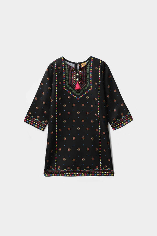 Girls Poly Satin Printed Kurti - Black