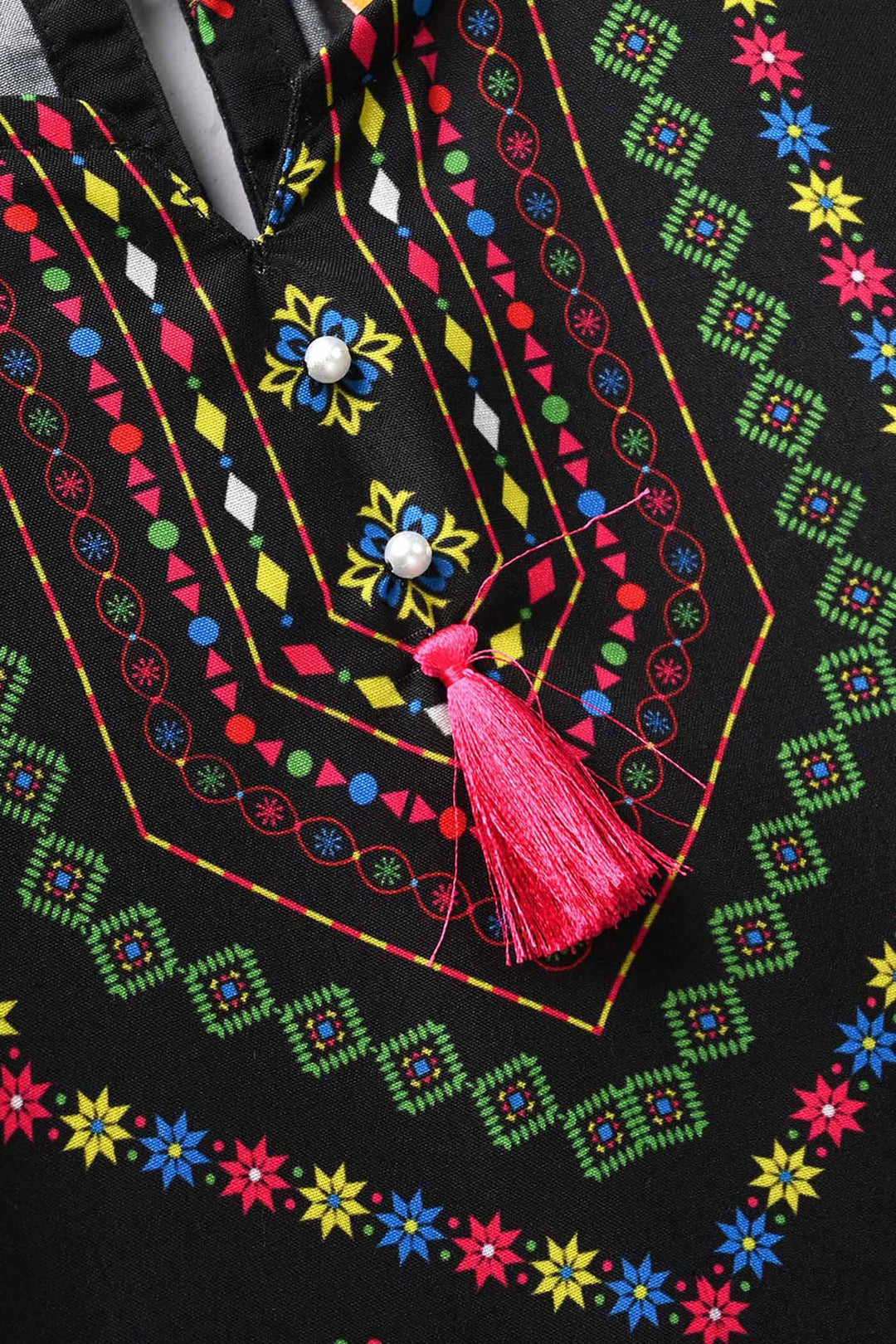 Girls Poly Satin Printed Kurti - Black