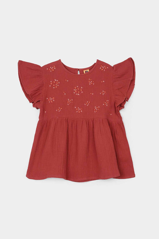 Girls Cotton Embroidered Co-Ord Set - Rust