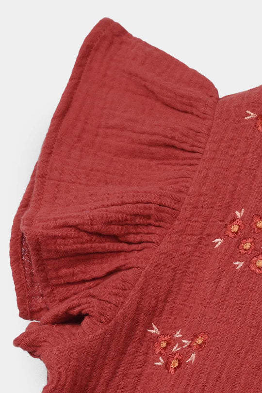 Girls Cotton Embroidered Co-Ord Set - Rust