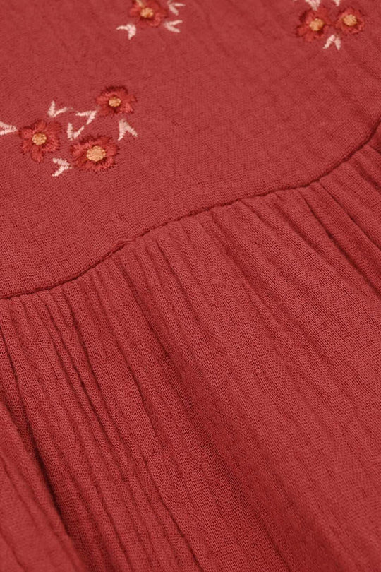 Girls Cotton Embroidered Co-Ord Set - Rust