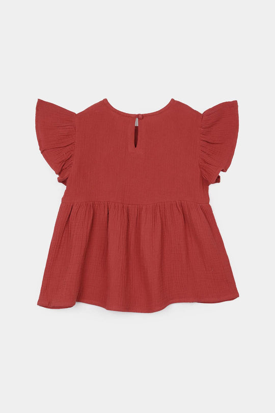 Girls Cotton Embroidered Co-Ord Set - Rust