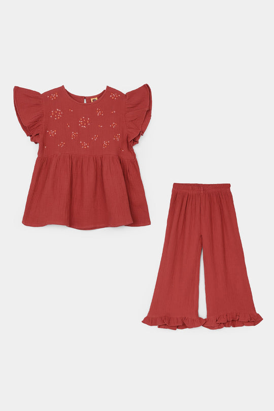 Girls Cotton Embroidered Co-Ord Set - Rust