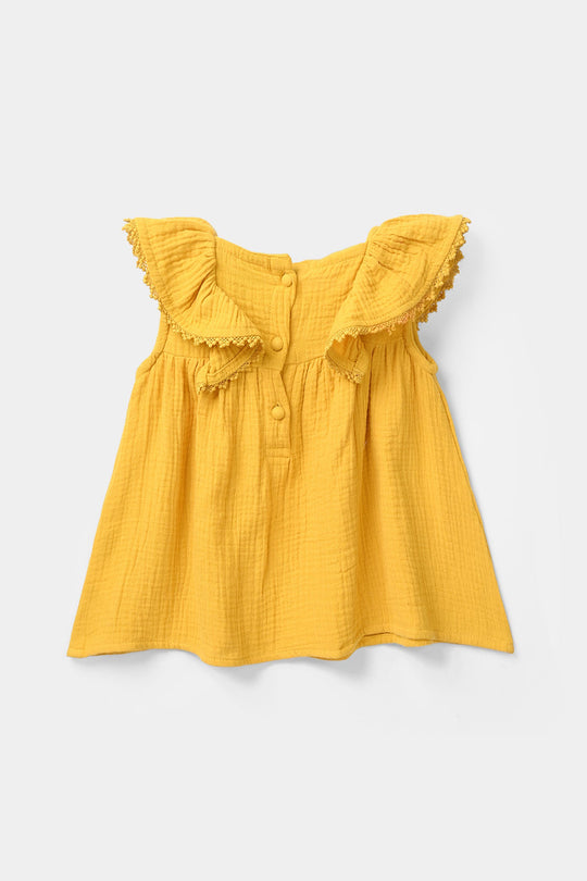 Infant Girls Cotton Casual Frock - Yellow
