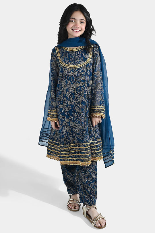 Girls Chiffon 3Pcs (Zarmeena) – Teal Green