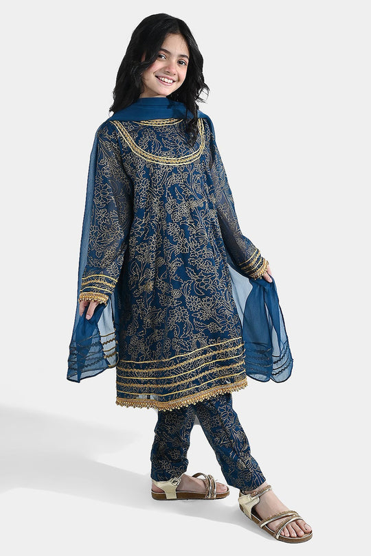 Girls Chiffon 3Pcs (Zarmeena) – Teal Green