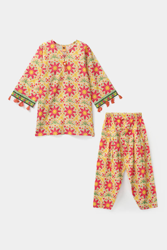 Girls Cotton Printed 2Pcs Suit - Multi
