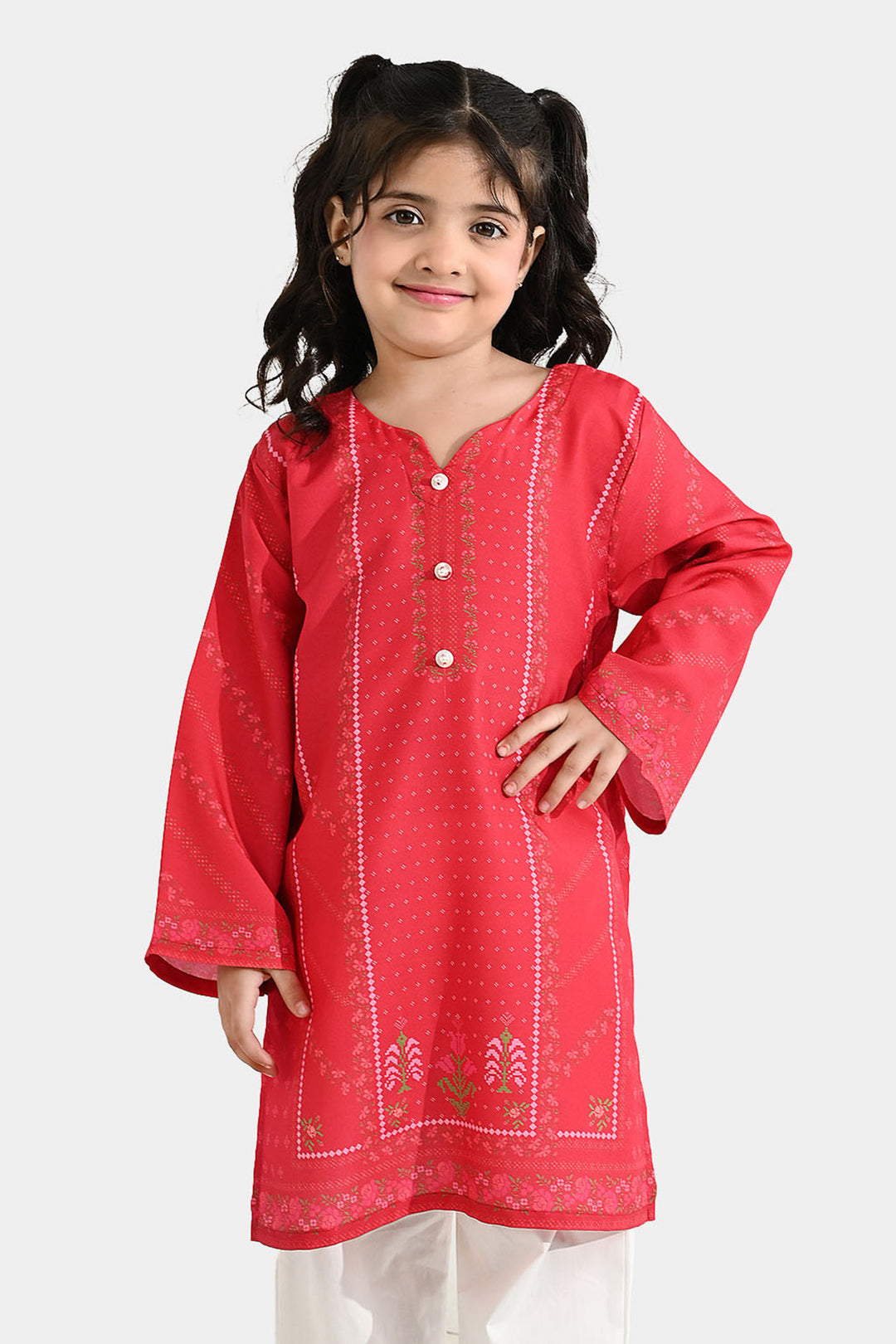 Girls Poly Twill Printed Kurti - Shocking Pink