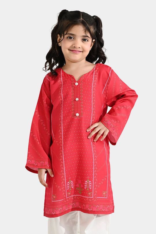 Girls Poly Twill Printed Kurti - Shocking Pink