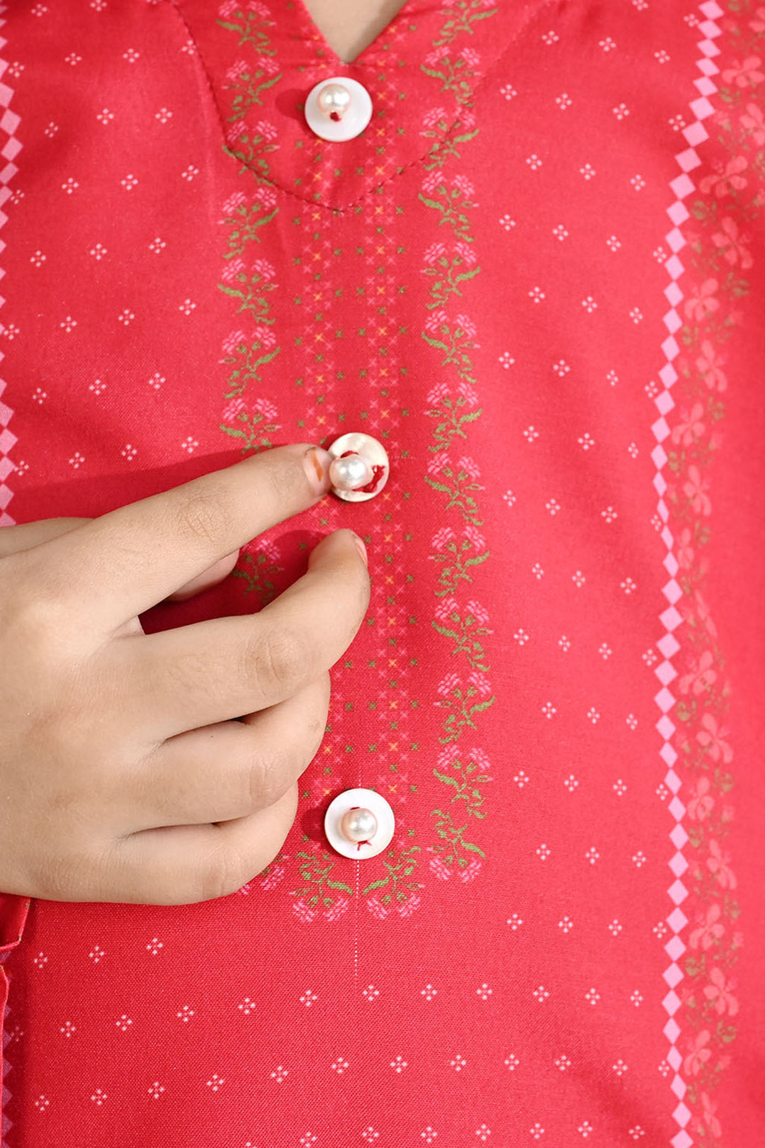 Girls Poly Twill Printed Kurti - Shocking Pink