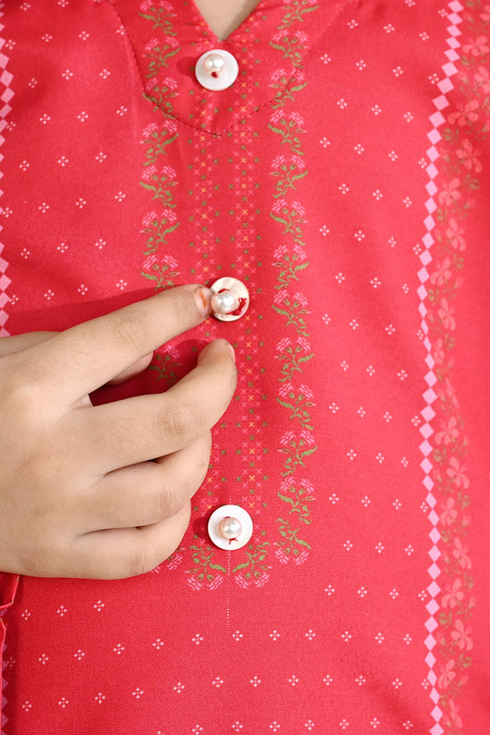 Girls Poly Twill Printed Kurti - Shocking Pink