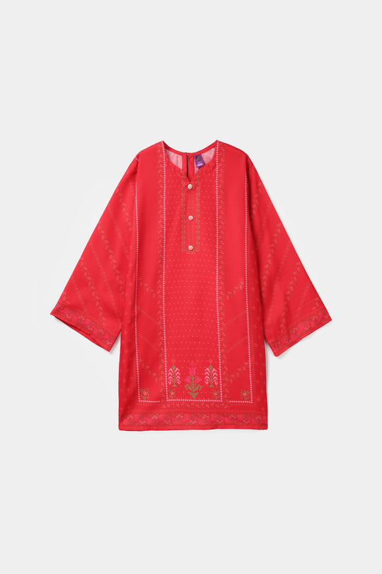 Girls Poly Twill Printed Kurti - Shocking Pink