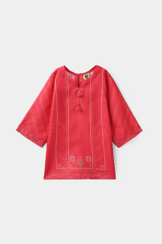 Infant Girls Poly Twill Printed Kurti - Shocking Pink