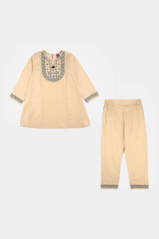 Girls Poplin 2Pcs Embroidered - Off White