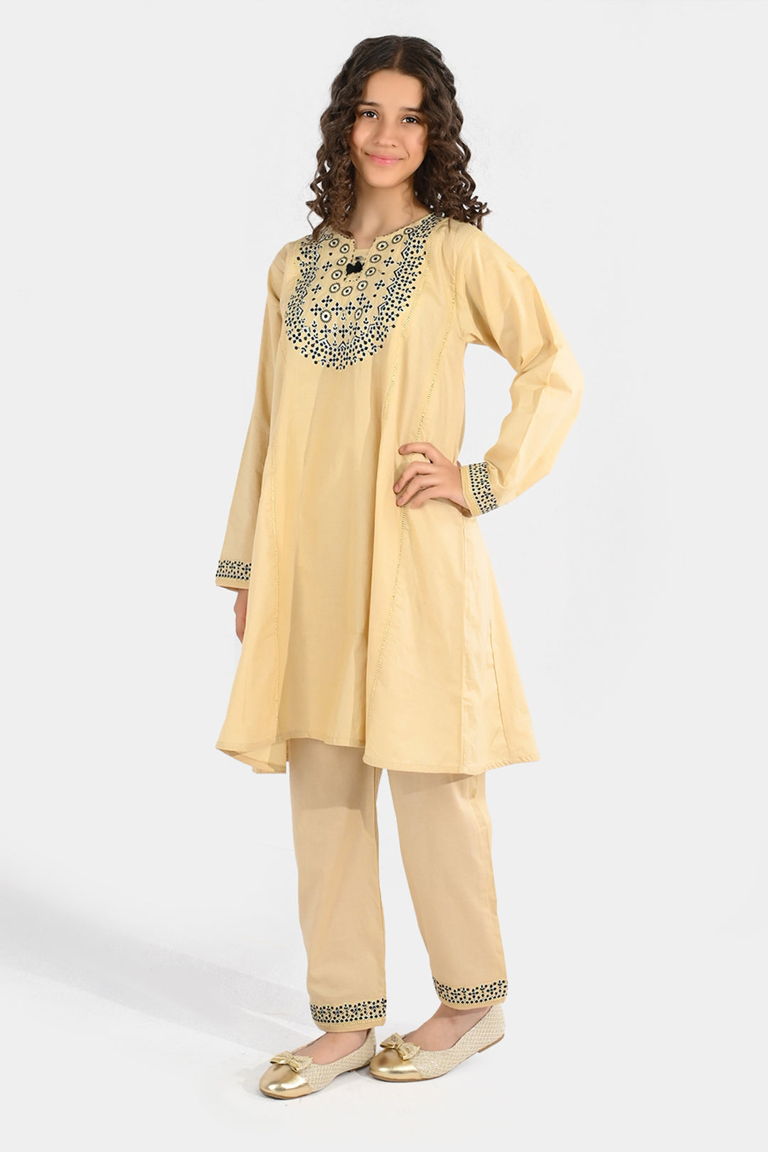 Girls Poplin 2Pcs Embroidered - Off White