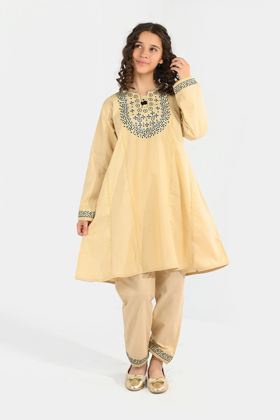 Girls Poplin 2Pcs Embroidered - Off White