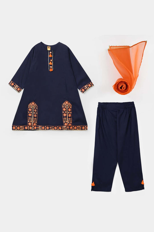 Girls Poly Cambric 3Pcs Suit-Navy Blue