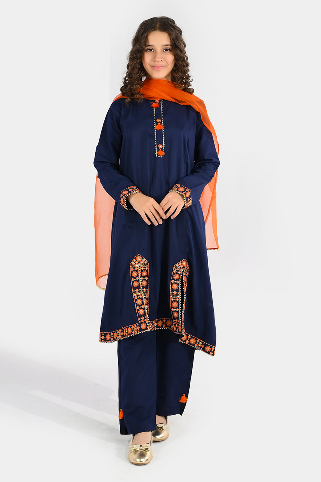 Girls Poly Cambric 3Pcs Suit-Navy Blue