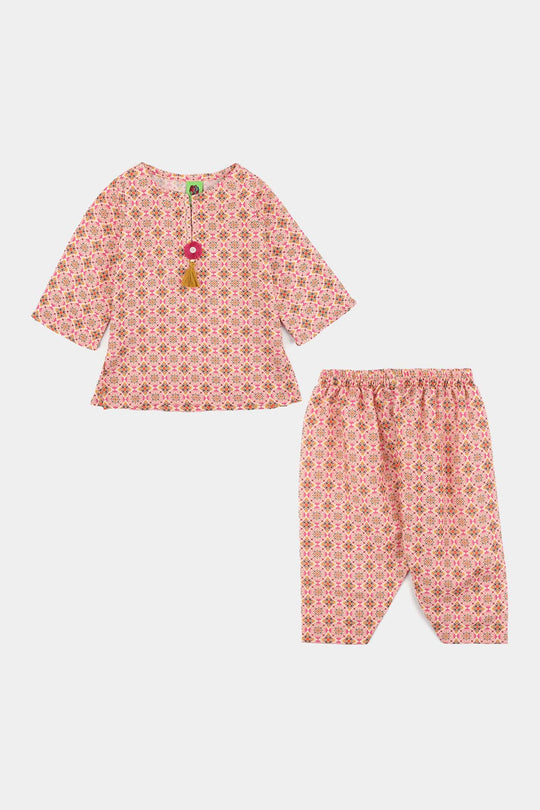 Infant Girls Poly Mesh Printed 2Pcs - Pink/Peach