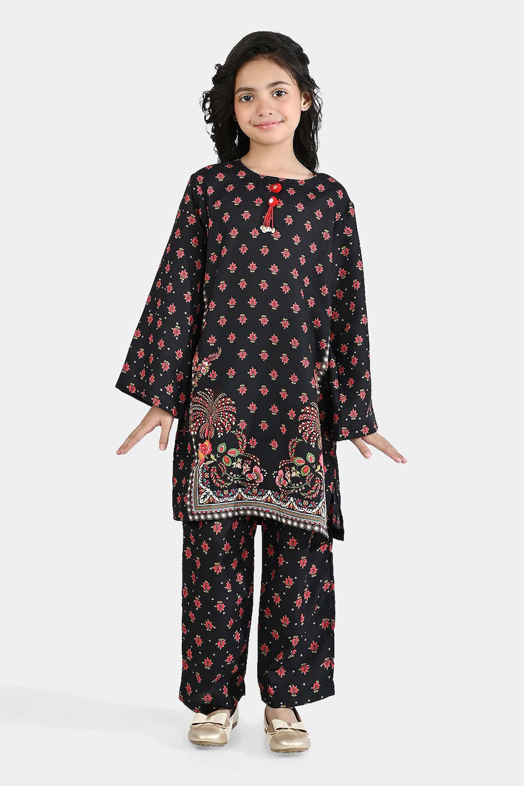 Girls Poly Mesh Printed 2Pcs - Black